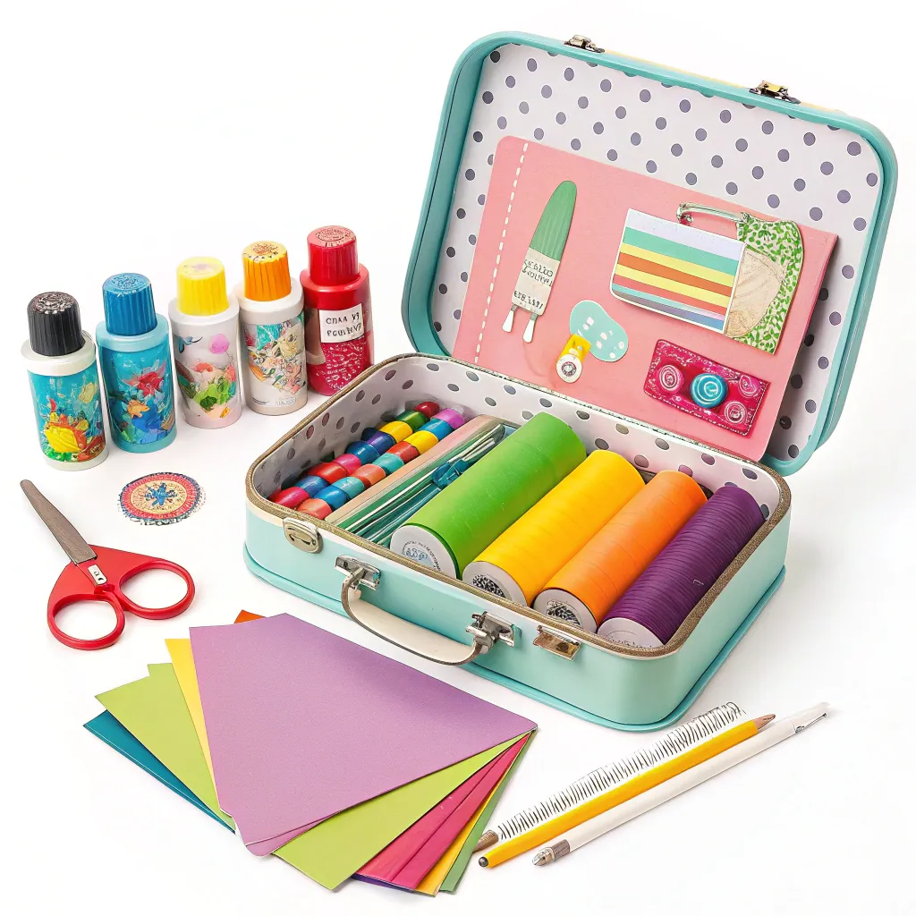 A colorful craft kit with various supplies