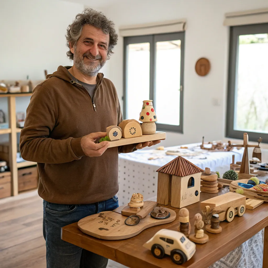 Michael displaying his handicraft projects